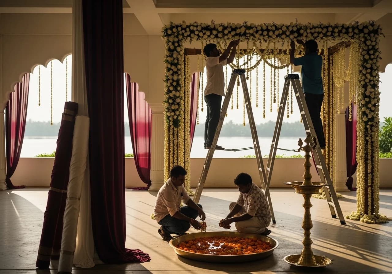 Kerala wedding mandap draped with jasmine and marigold garlands