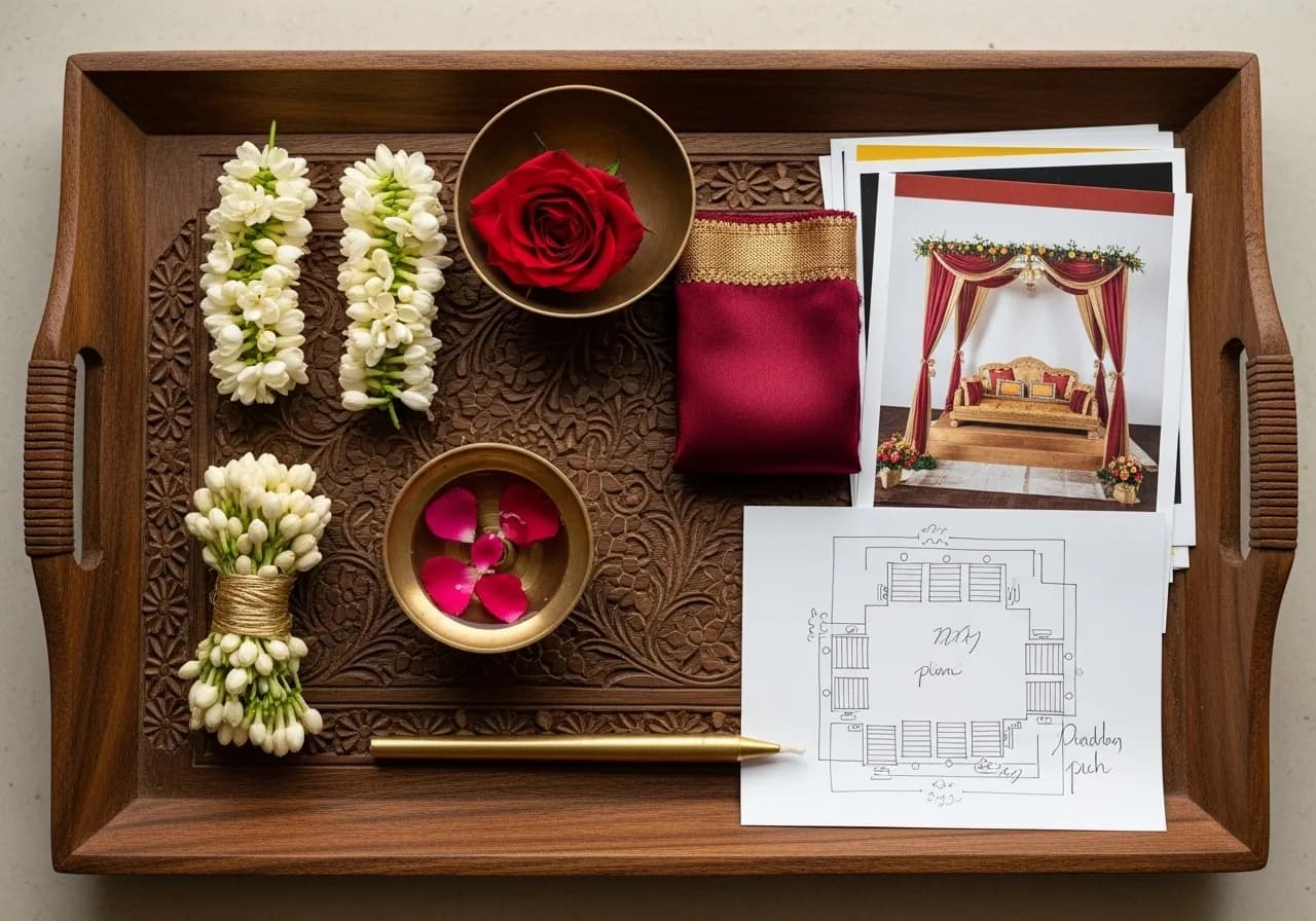 Kerala wedding decorator arranging brass uruli and tender coconuts