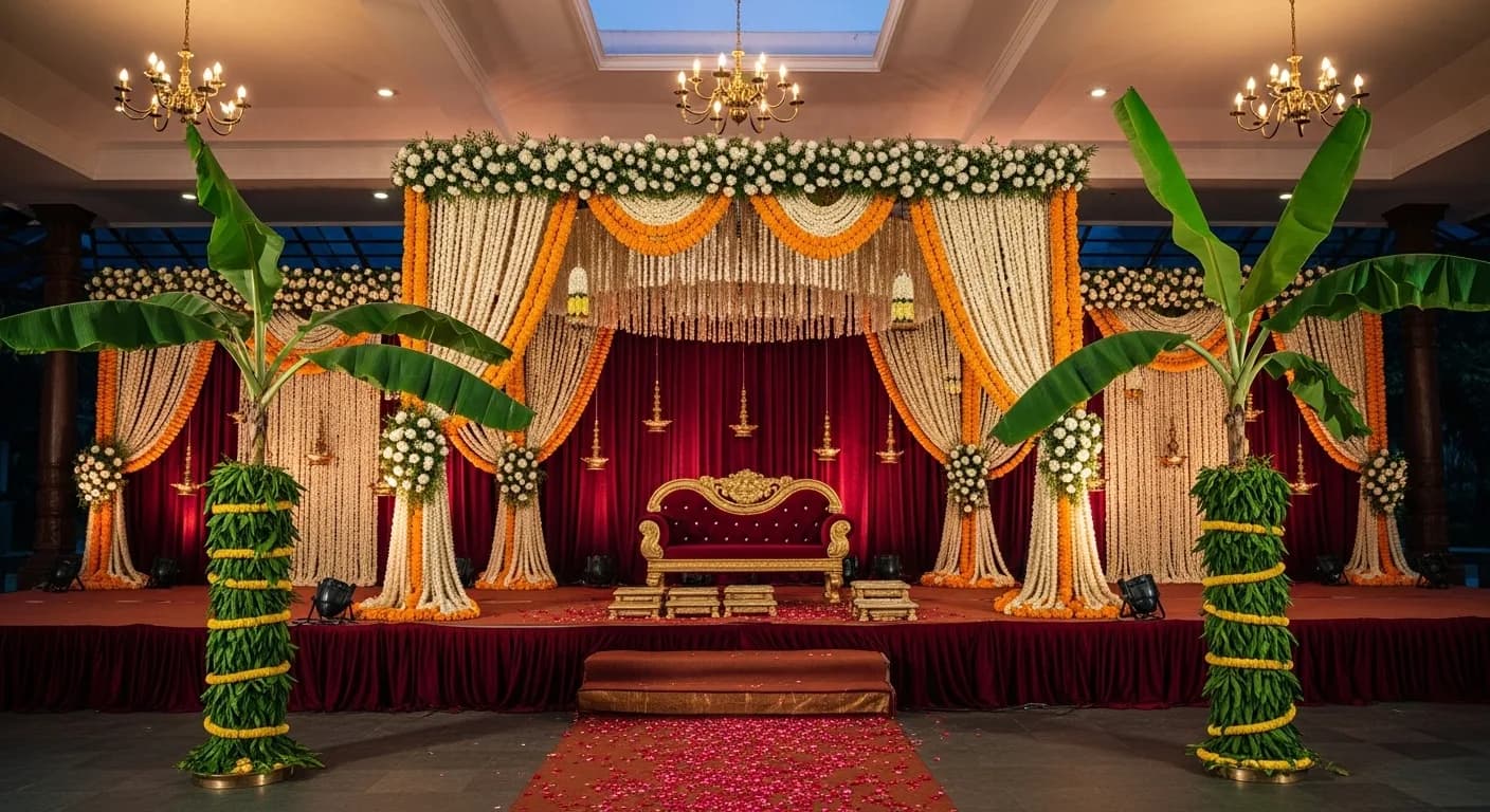 Kerala wedding decoration with fresh jasmine and marigold