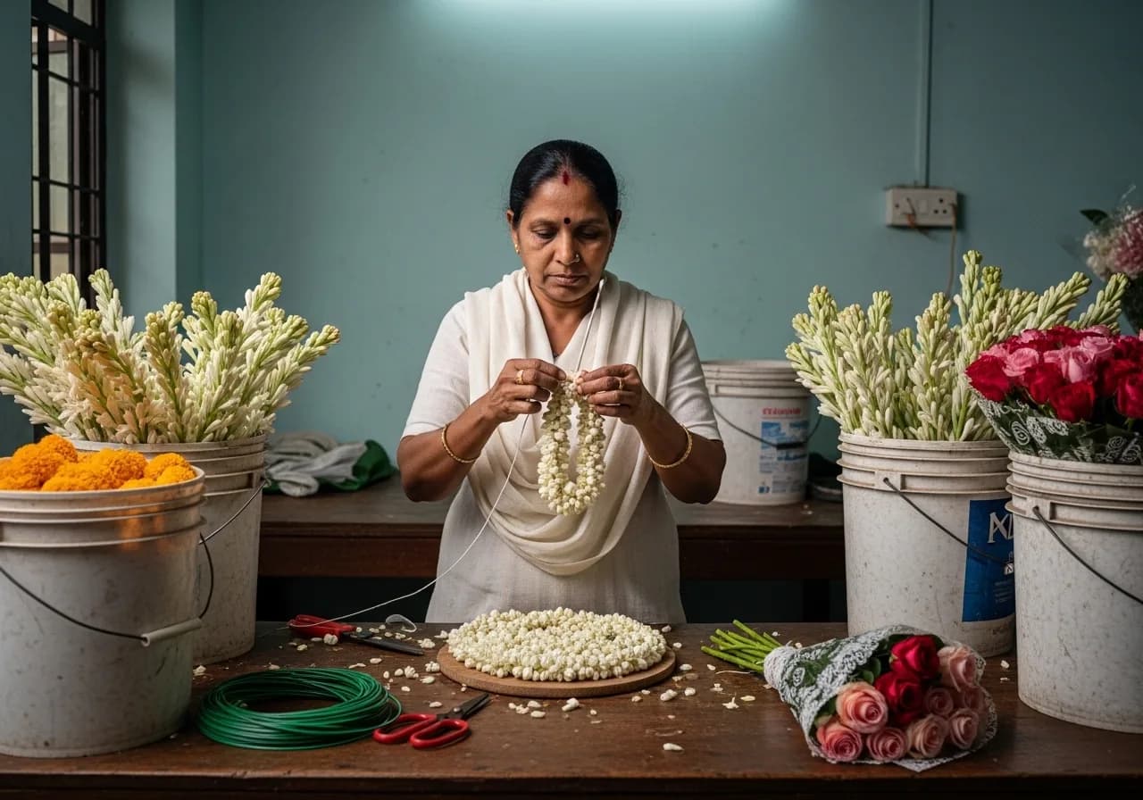 Kerala florist's workshop heaped with jasmine buds and marigold strands