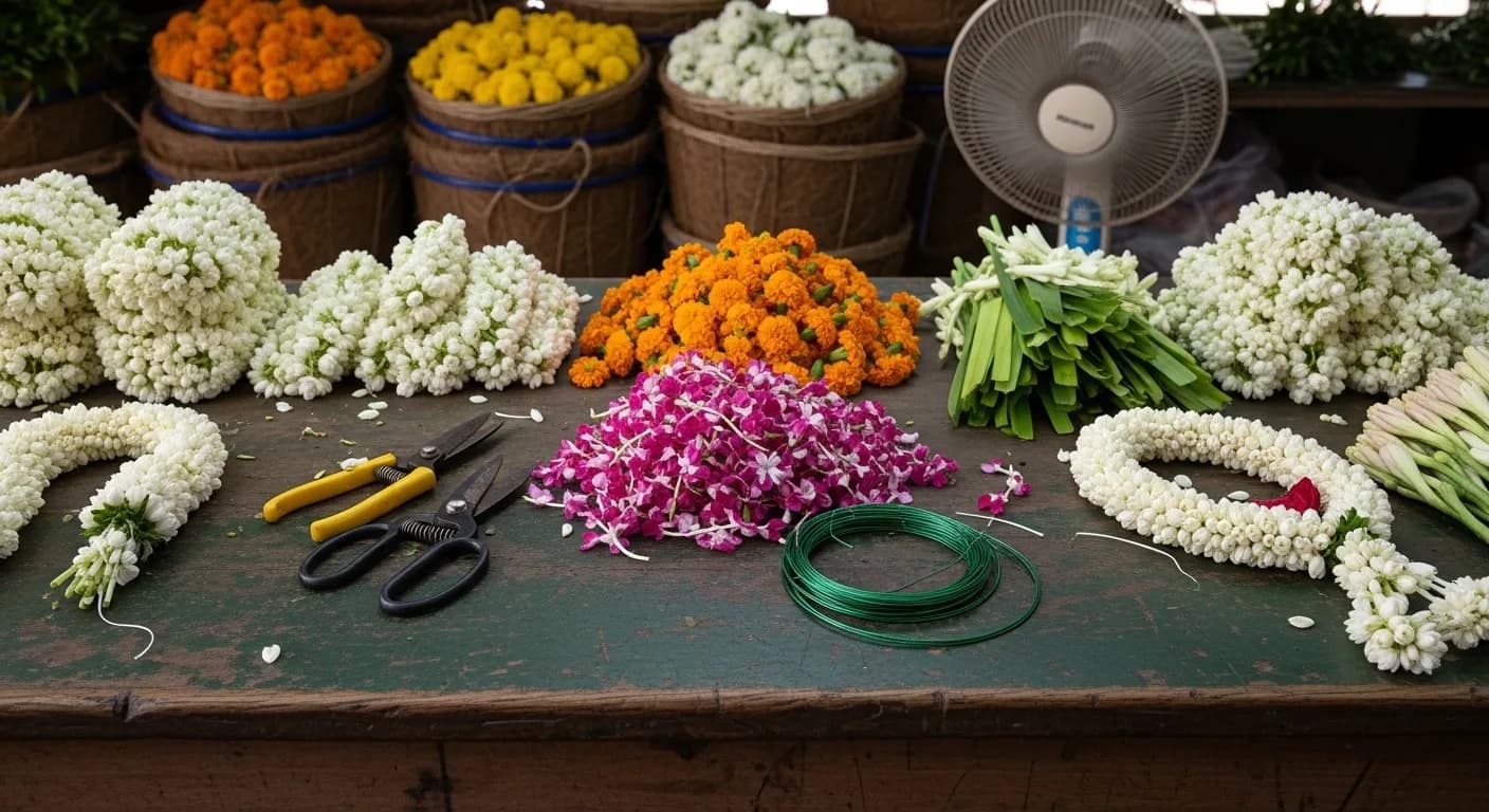 Kerala florist workshop with fresh jasmine and marigold garlands