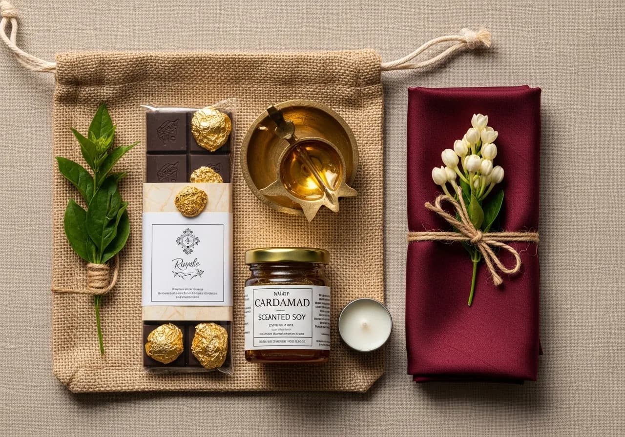 Curated Kerala wedding hampers with spices, silks and brass keepsakes