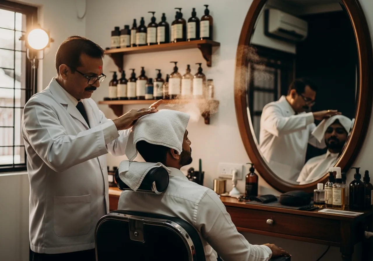 Kerala groom receiving a hot towel shave at a vintage barber chair