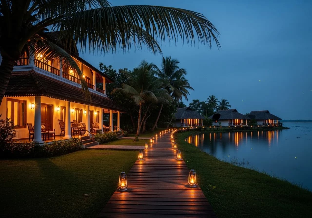 Kerala heritage homestay courtyard lit with oil lamps at dusk