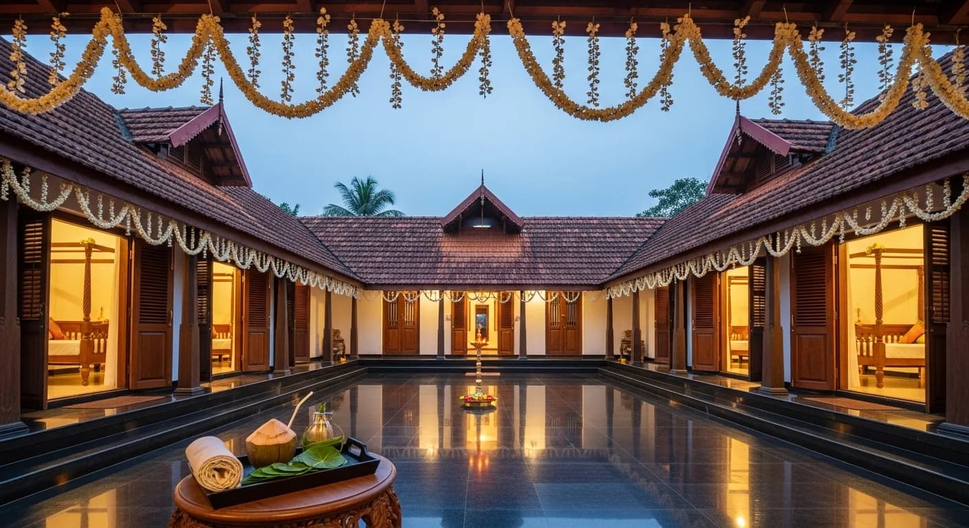 Heritage Kerala homestay courtyard at dusk