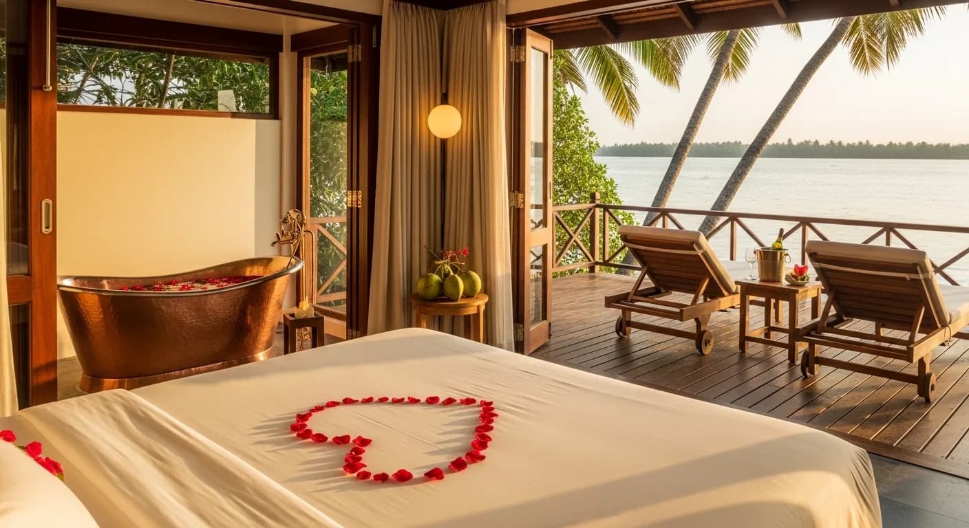 Kerala honeymoon backwater villa at golden hour