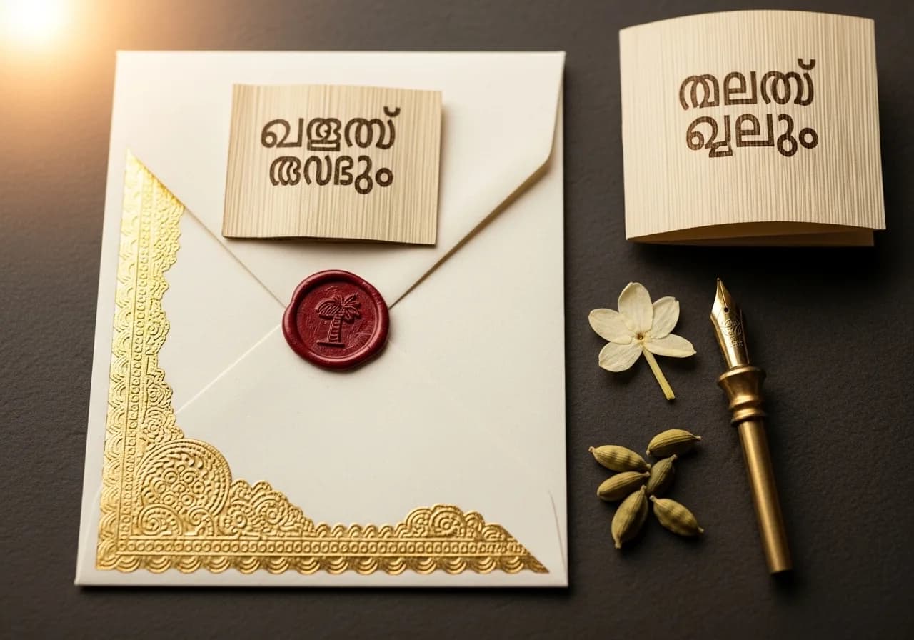 Kerala wedding invitation card with gold foil and hand-tied tassel