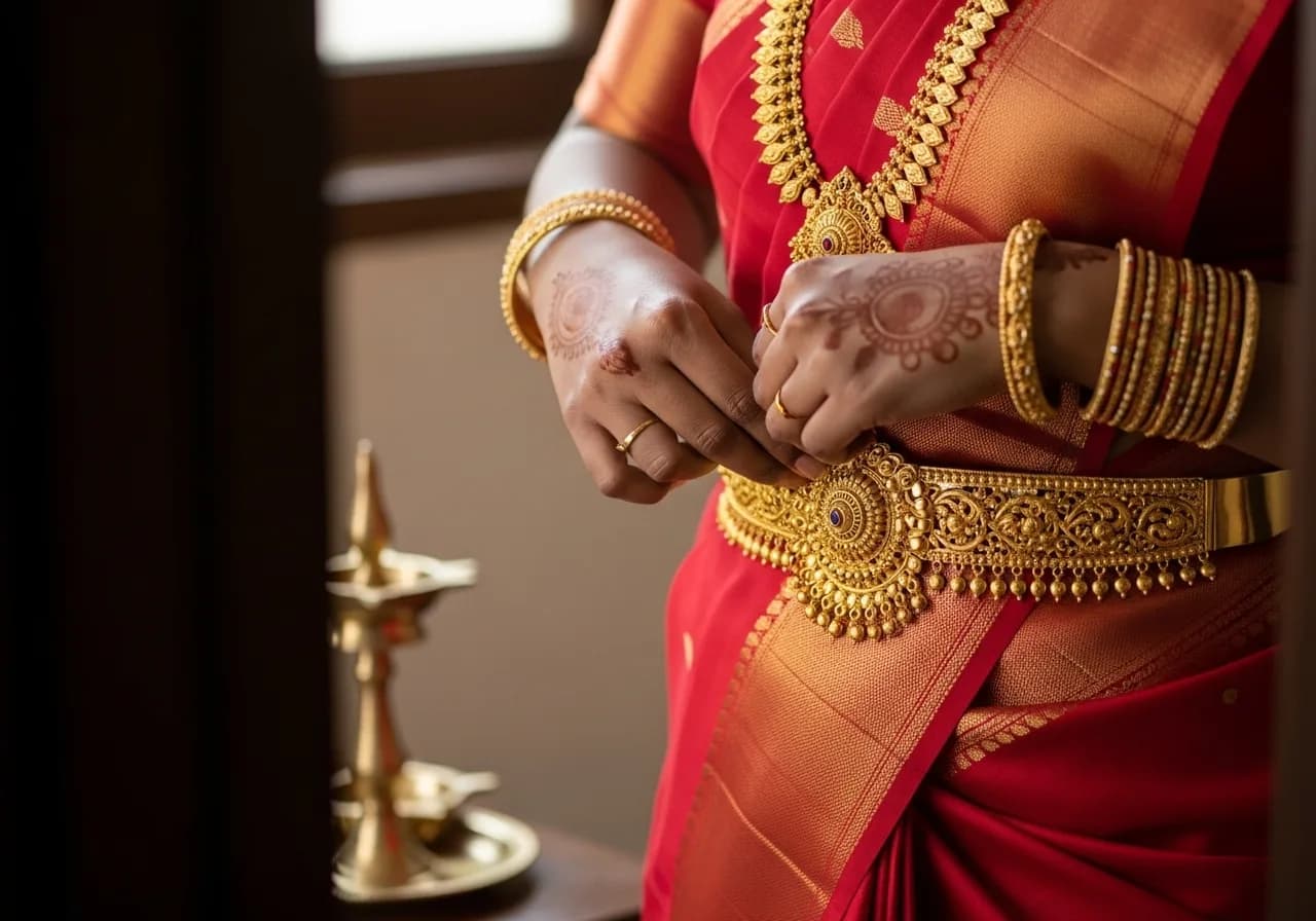 Kerala bride adjusting gold oddiyanam in morning light