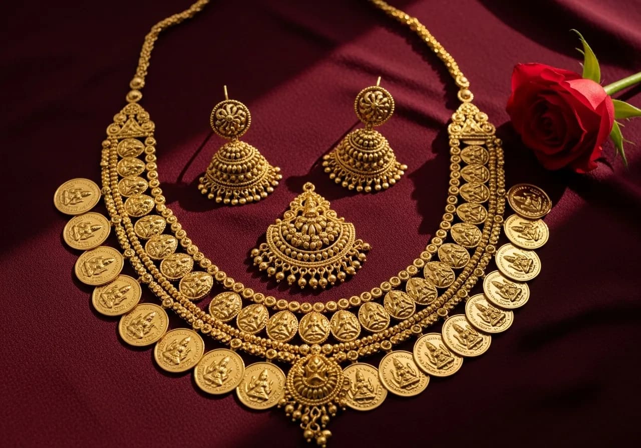 Kerala temple jewellery kasumalai necklace macro detail