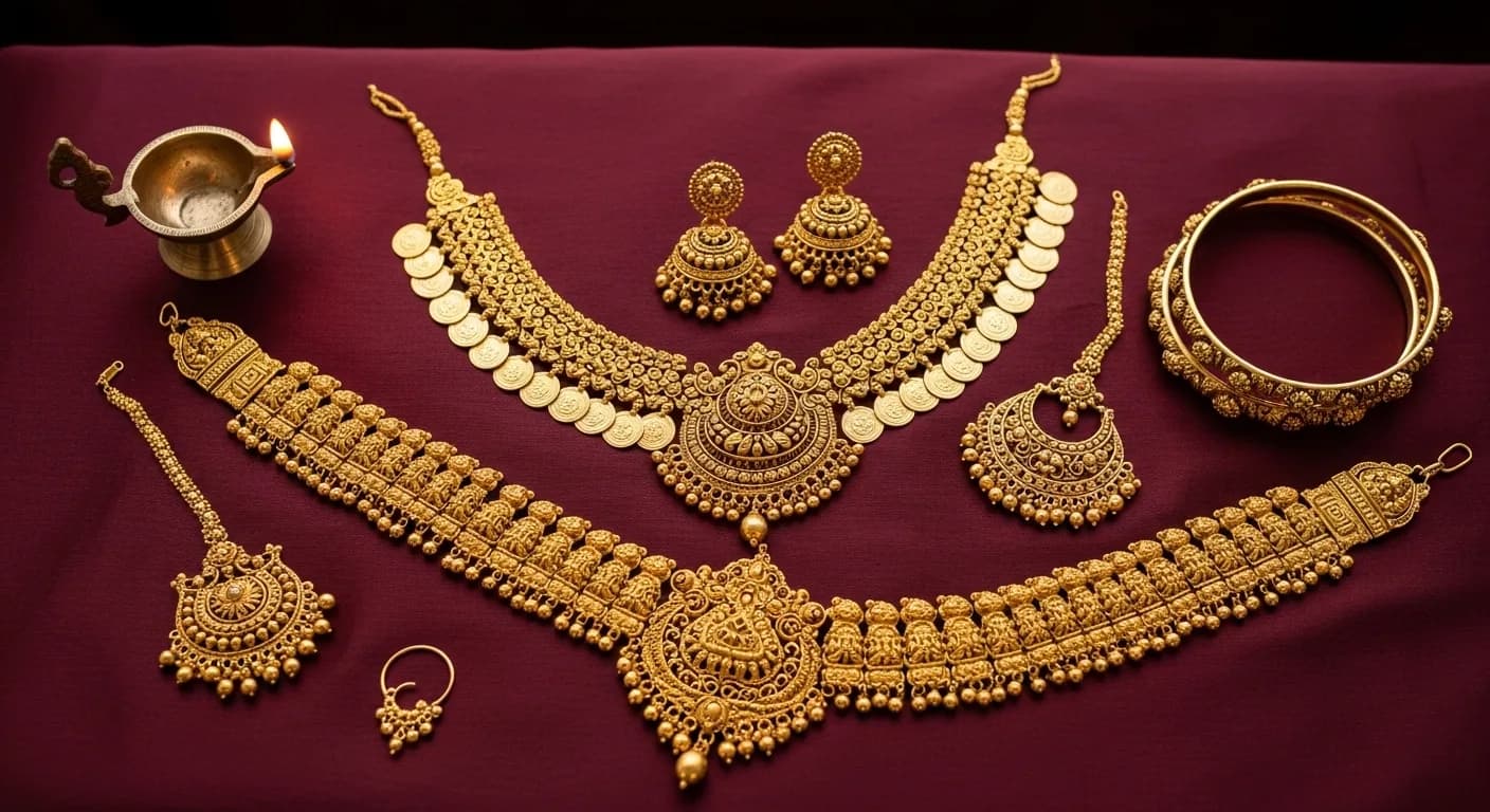 Traditional Kerala temple jewellery on deep maroon silk