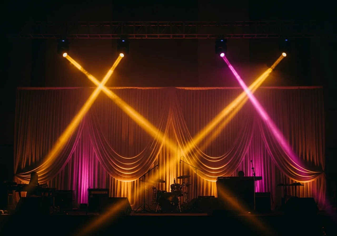 Kerala wedding reception stage bathed in warm theatrical uplighting