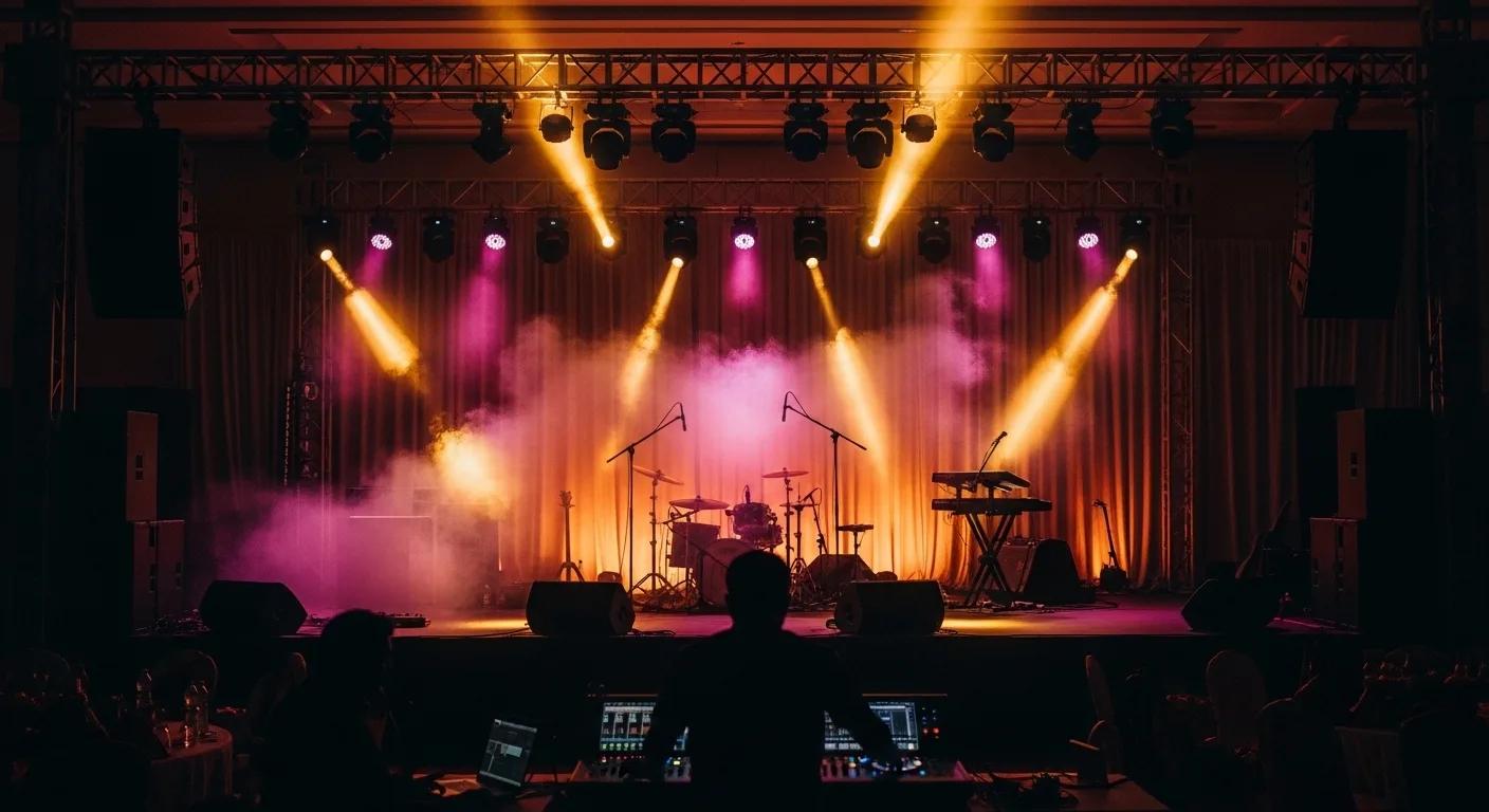 Kerala wedding reception stage with theatrical lighting