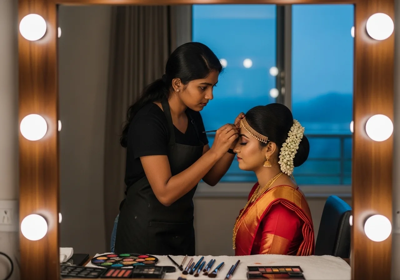 Kerala bride at her dressing table during pre-dawn muhurtham