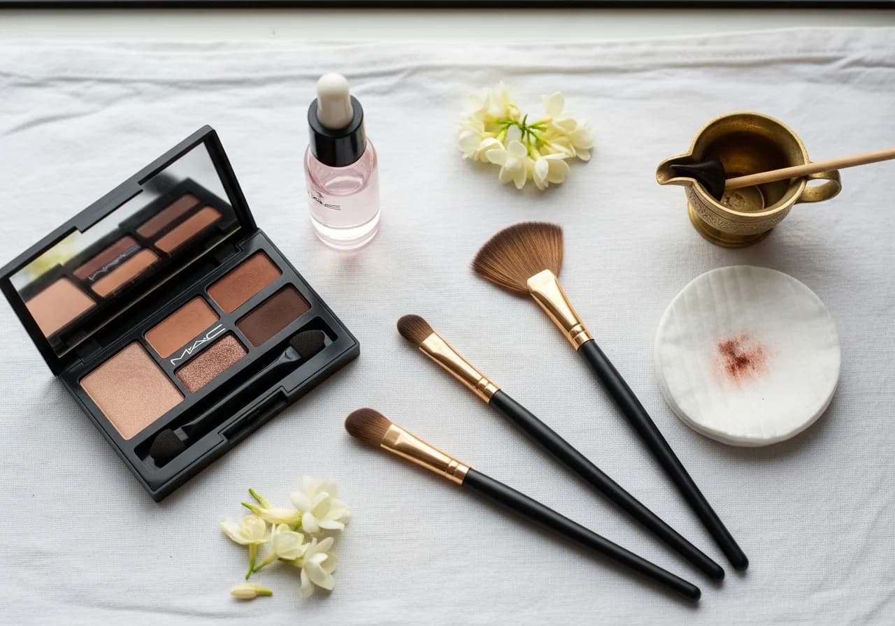 Kerala bridal makeup artist's kit with kohl, kumkum and brushes