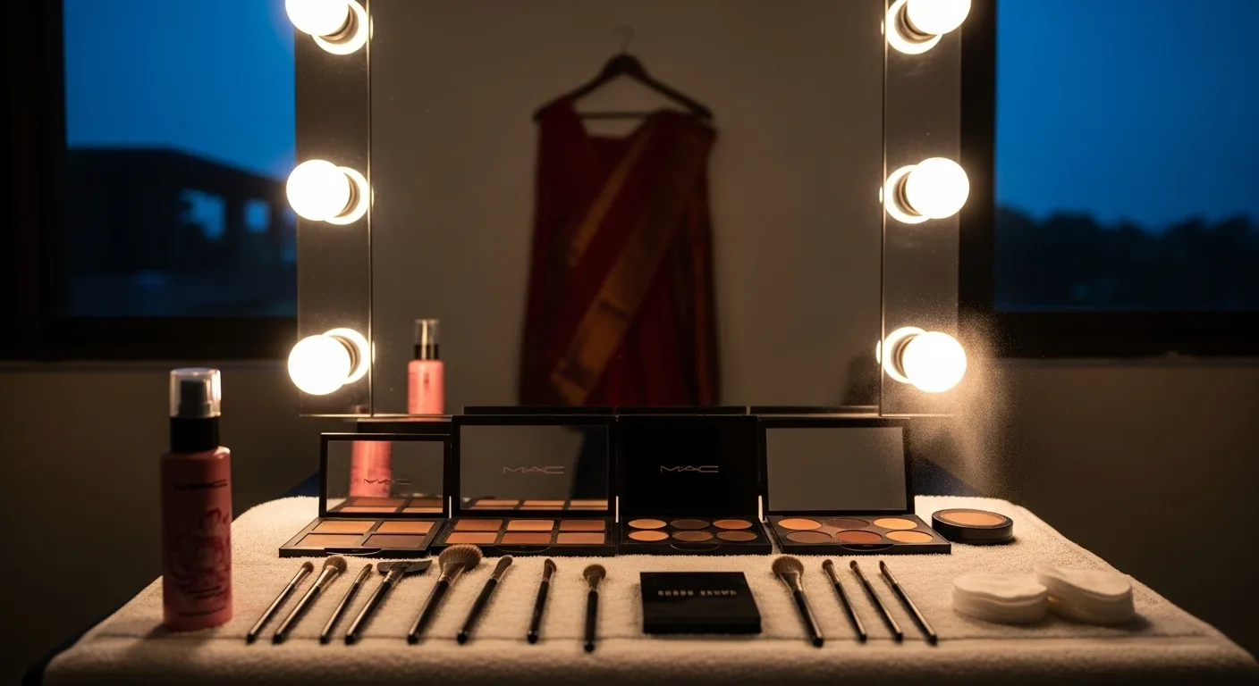 Kerala bridal makeup artist's station at pre-dawn muhurtham