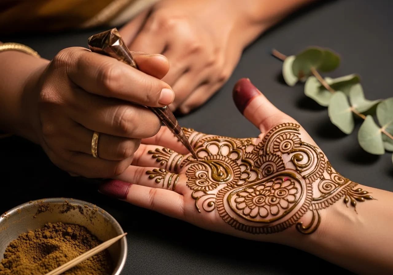 Kerala bridal mehendi cones and fresh henna paste in a copper bowl