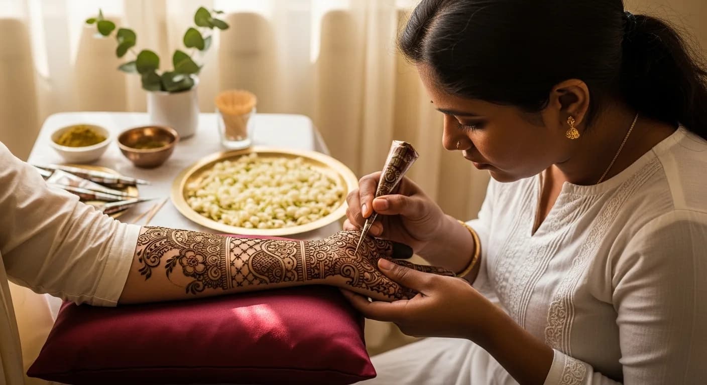 Kerala mehendi artist drawing intricate patterns on bride's arm