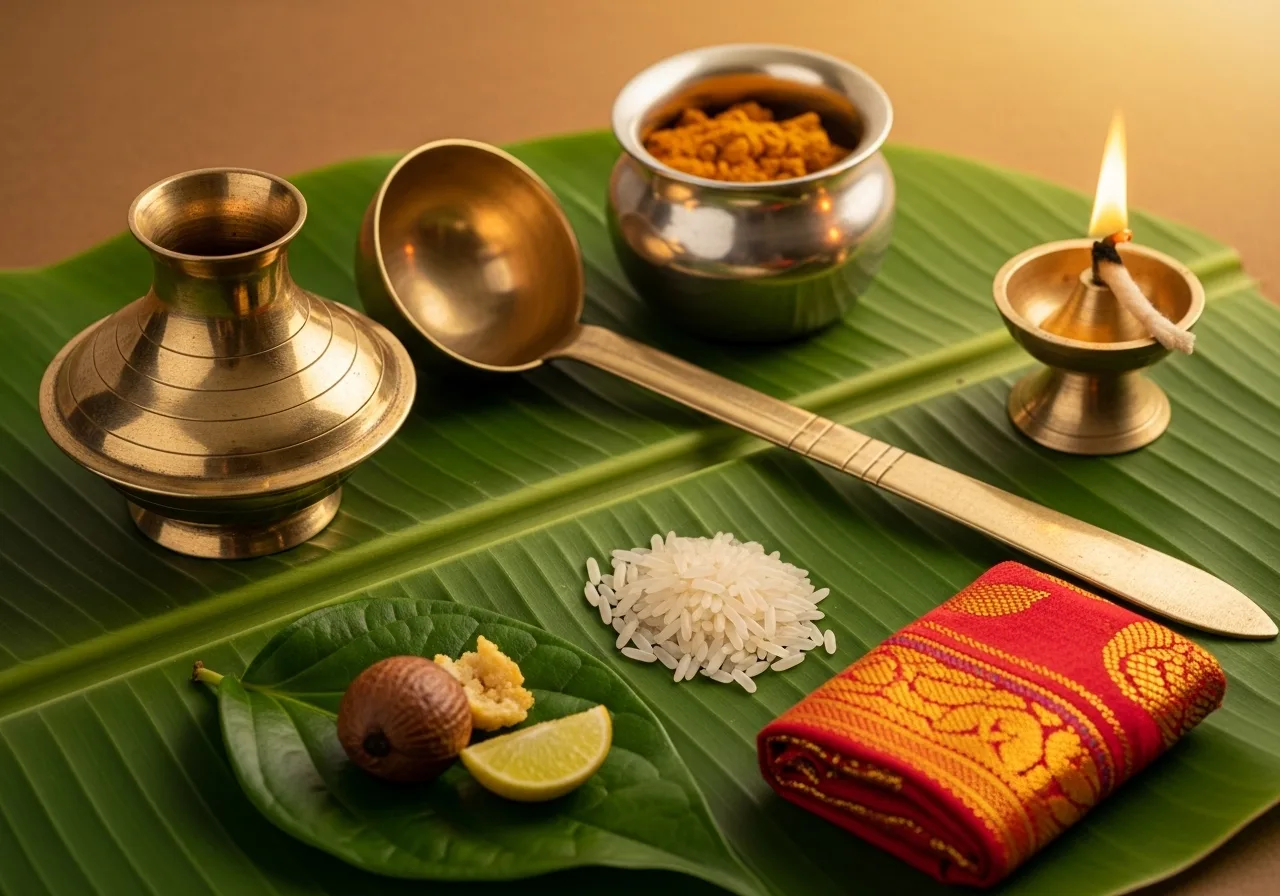 Kerala Hindu priest chanting mantras beside the sacred homam fire