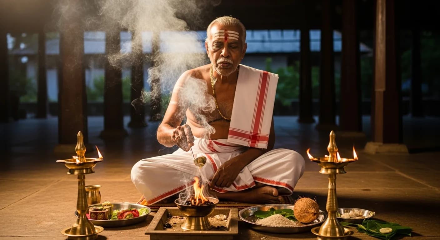 Kerala Hindu priest conducting pre-dawn muhurtham ceremony