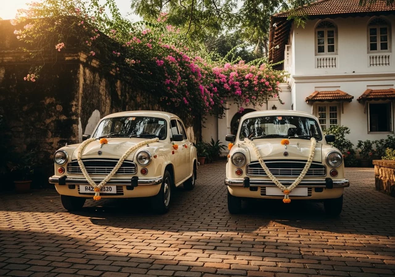 Vintage Ambassador wedding car garlanded with jasmine at Fort Kochi