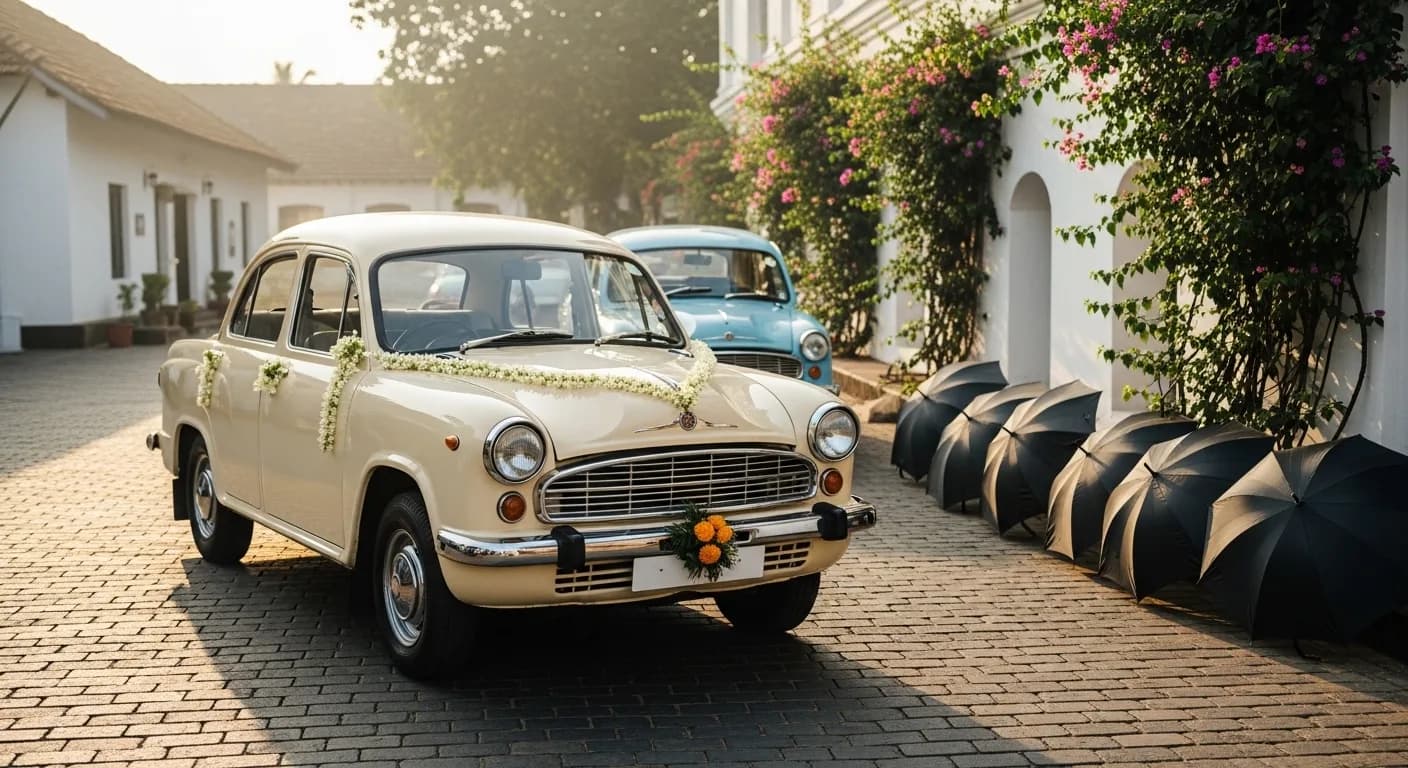 Vintage Ambassador wedding car at Fort Kochi heritage venue
