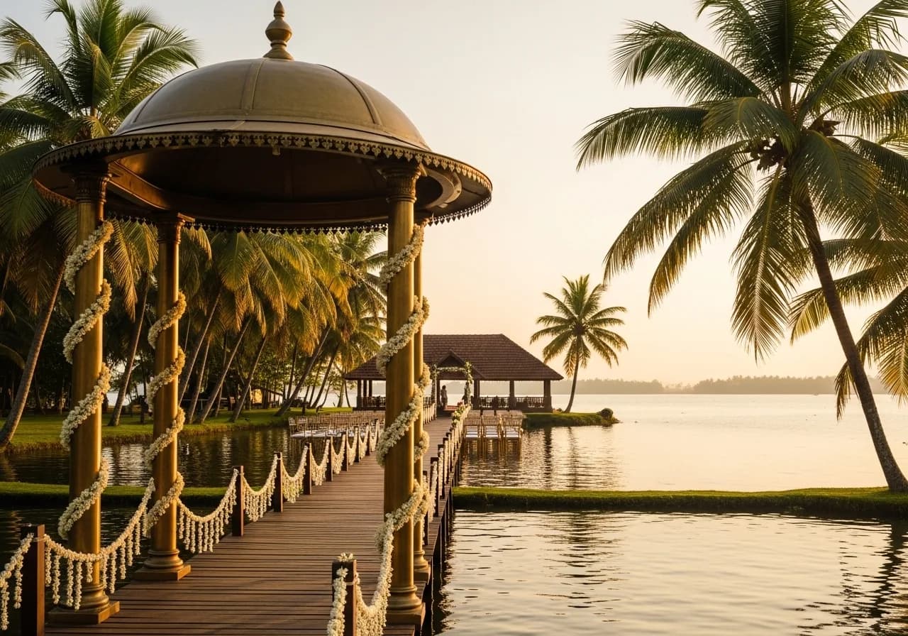 Kerala wedding mandapam by Vembanad Lake at golden hour
