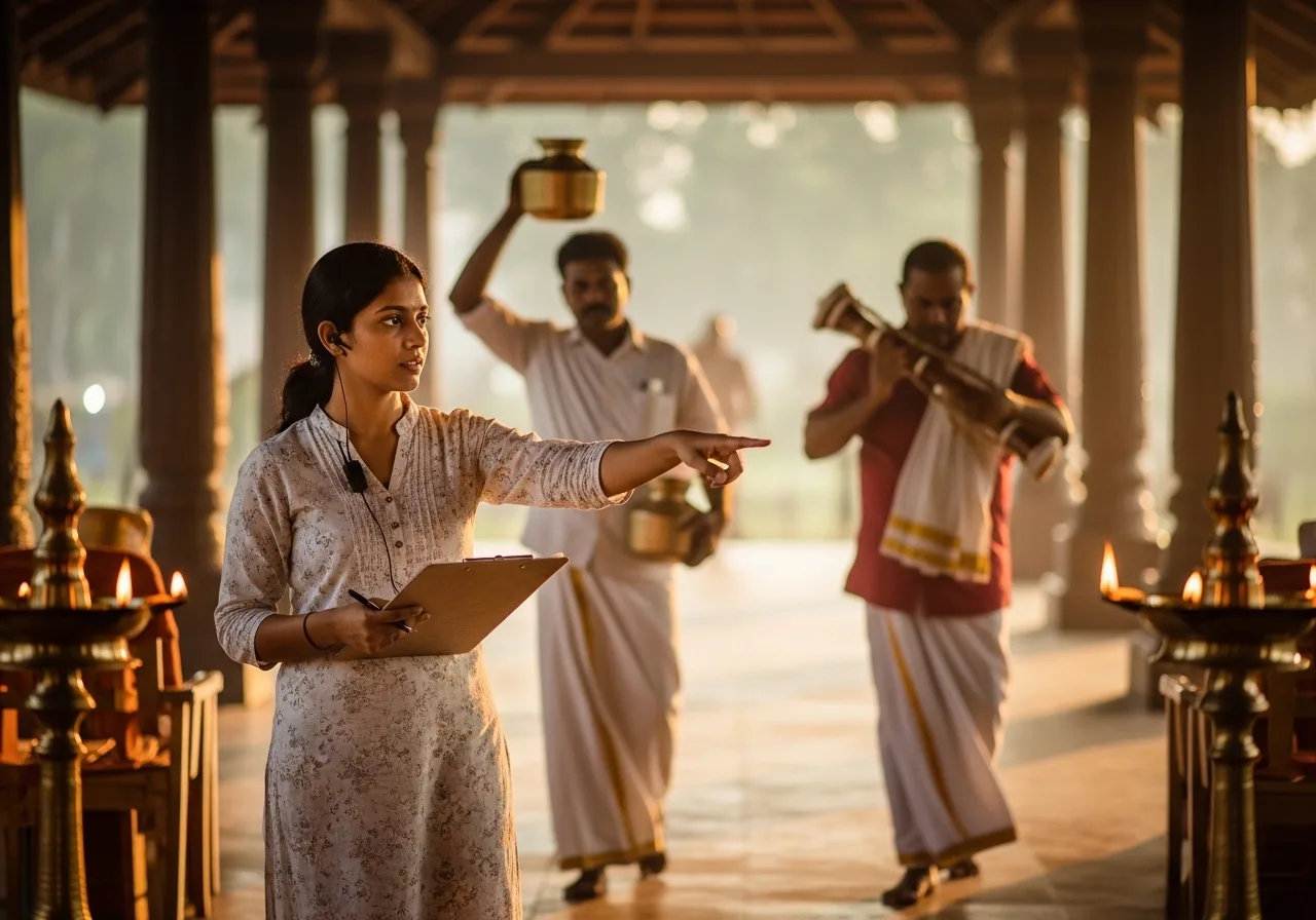 Kerala wedding planner at her studio reviewing venue floorplans