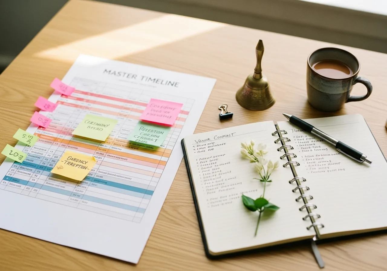 Kerala wedding planner's run sheet and vendor schedule on clipboard