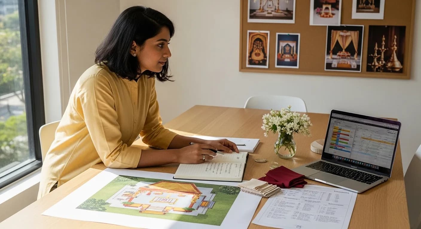 Kerala wedding planner reviewing venue floorplans at her studio