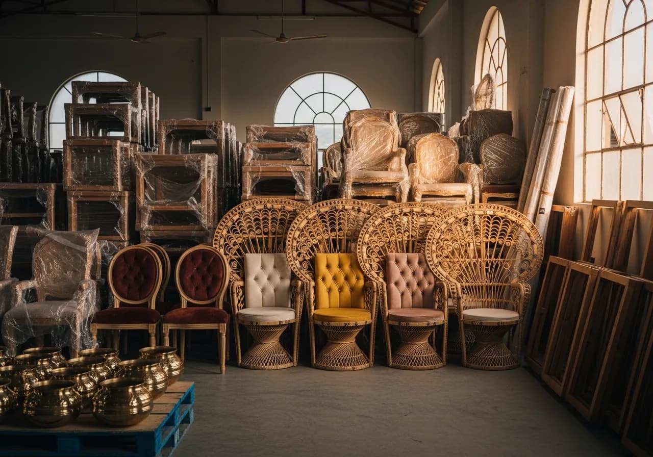 Kerala wedding rentals showroom with carved mandap and peacock thrones