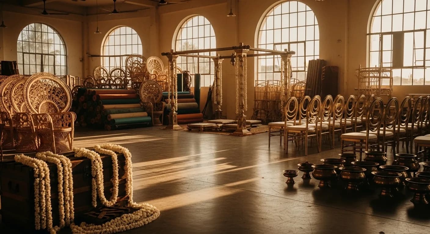 Kerala wedding rentals warehouse with mandap and peacock thrones