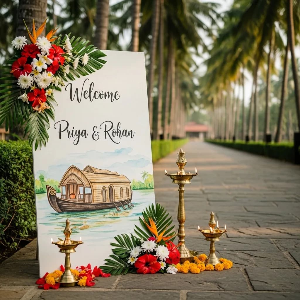 Outdoor wedding reception setup among palm trees at a tropical waterfront venue