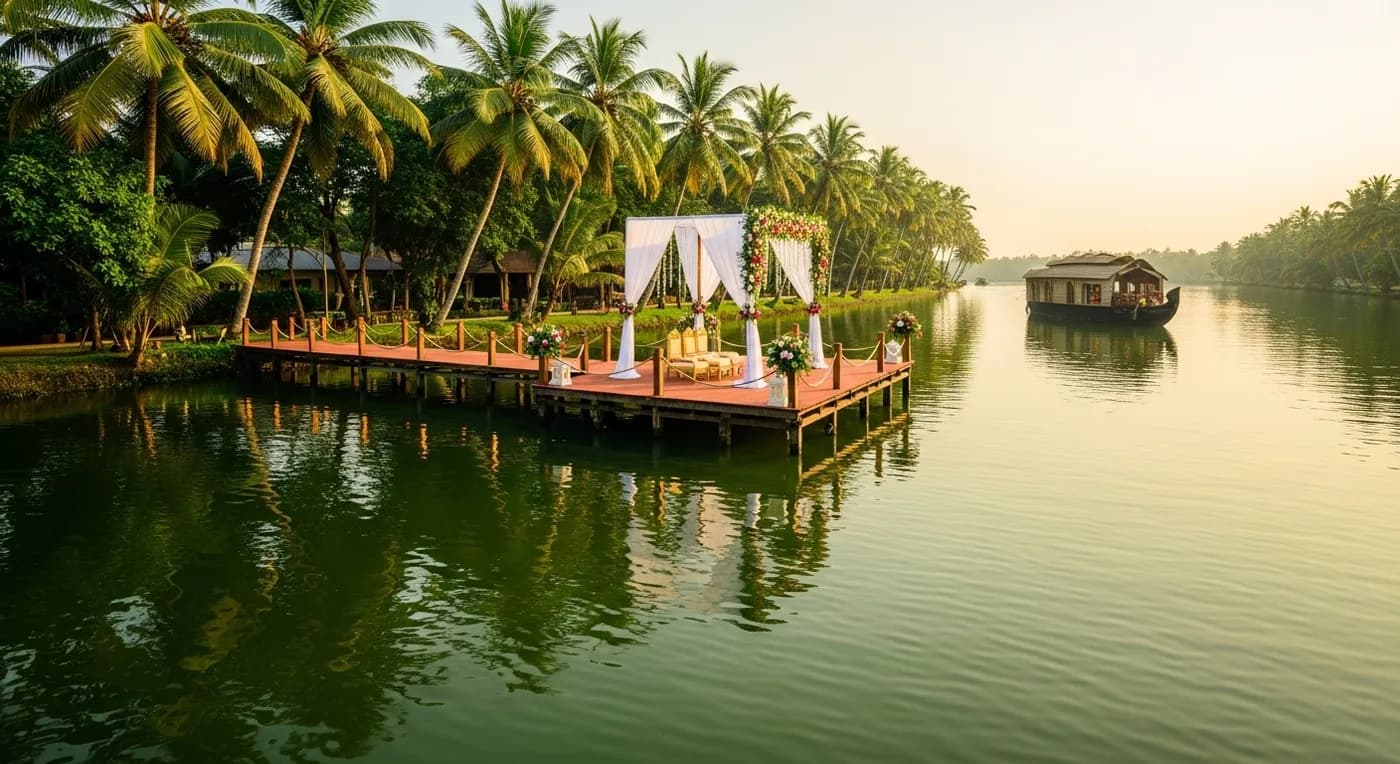 Luxury resort wedding venue with pool and ambient evening lighting by the water