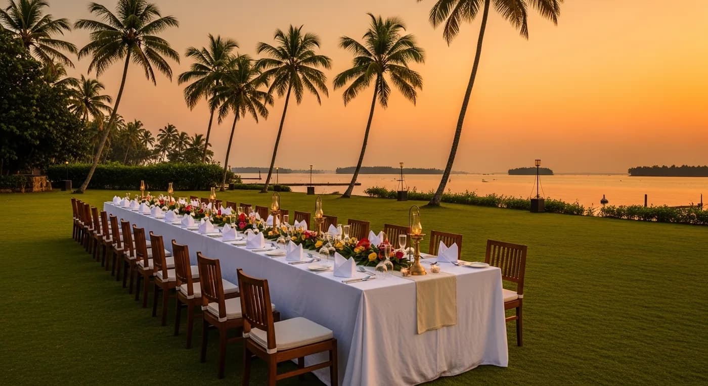 Couple at a waterfront wedding during golden sunset