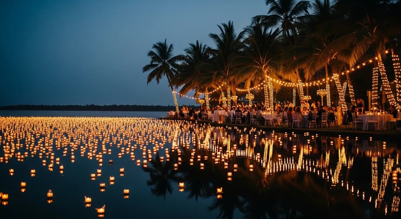 Outdoor dinner gathering under string lights at a waterfront wedding venue