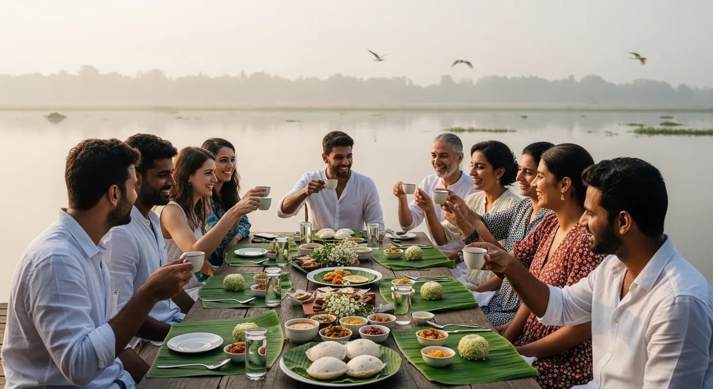 Decorated outdoor dining area with flowers at a backwater resort