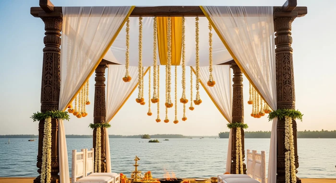 Couple at evening wedding under string lights reflected in water
