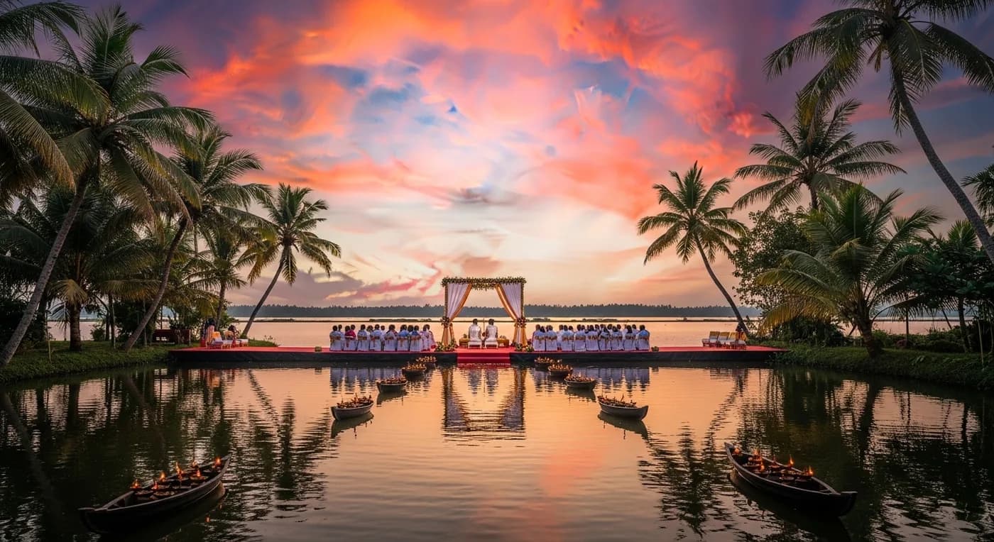 Floral arch at an outdoor waterfront wedding ceremony