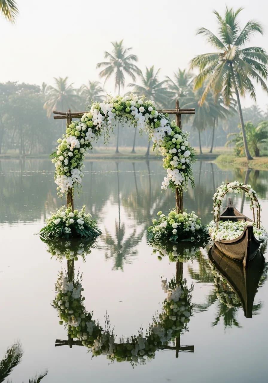 Elegant floral arrangements at a luxury waterfront wedding reception