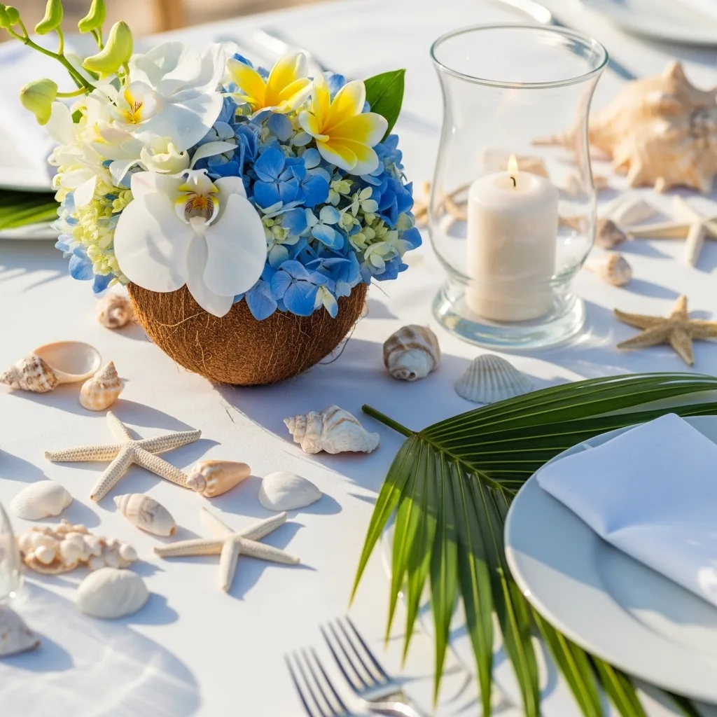 A romantic beach wedding ceremony setup with a decorated arch on white sand, chairs, and the ocean in the background