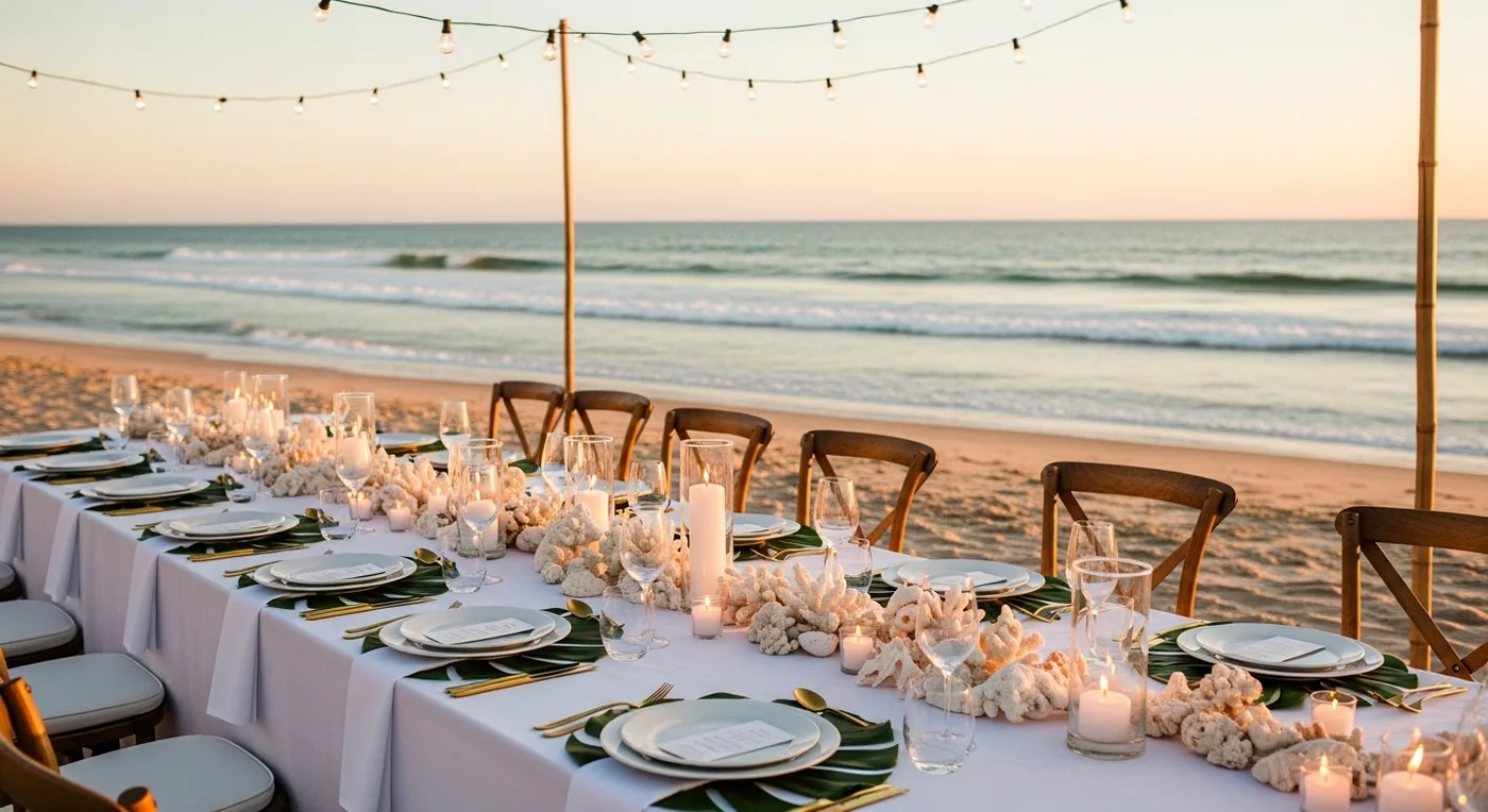 Couple silhouetted at beach wedding during stunning sunset
