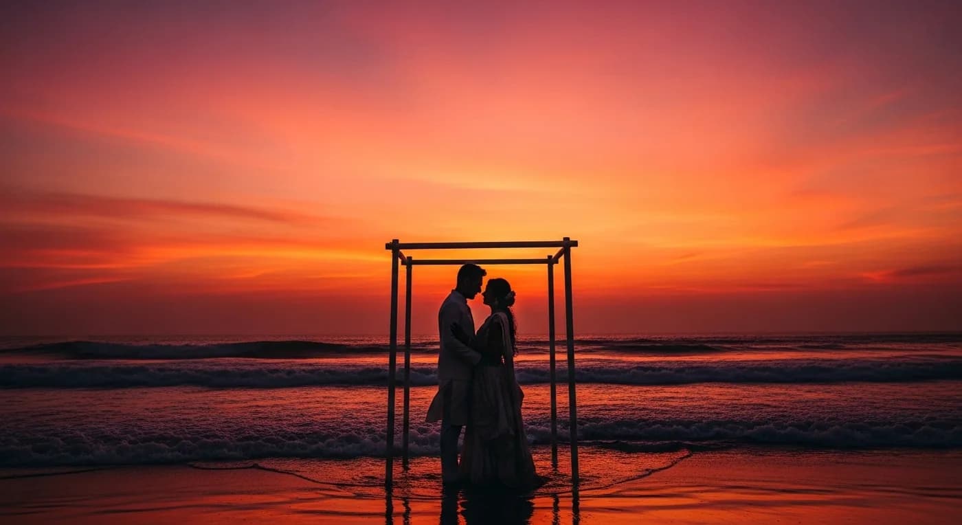 Wooden wedding signage on a beach directing guests to ceremony