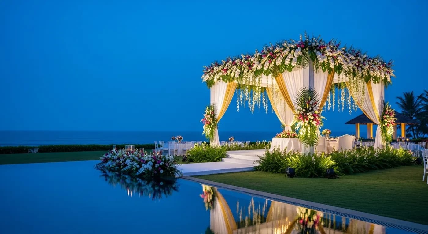 Outdoor beach wedding reception with decorated white chairs among palm trees