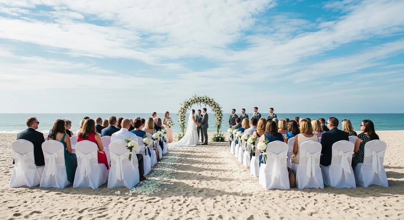 Luxury resort beach wedding venue with pool and ambient evening lighting