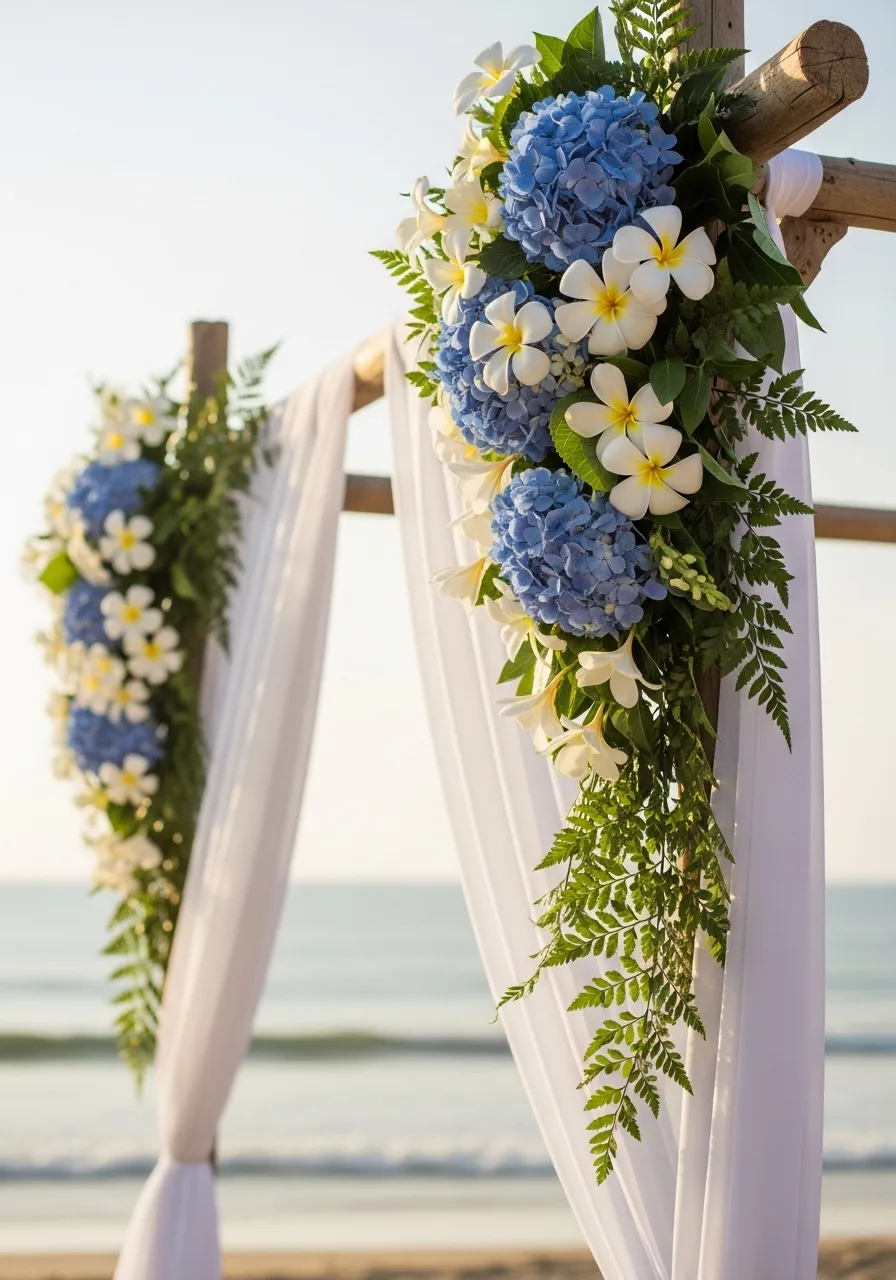 Evening beach reception dinner with guests under string lights