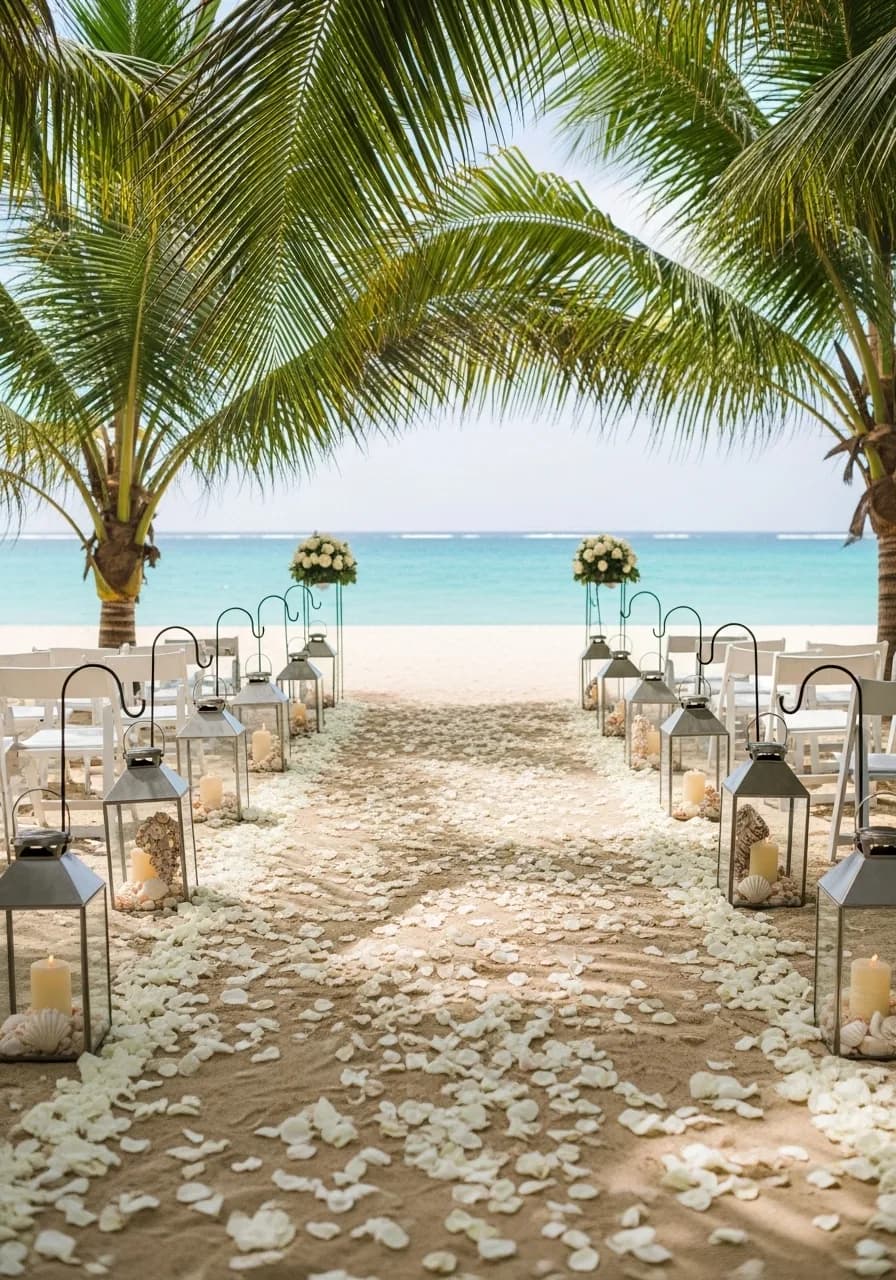 Decorated outdoor reception area with flowers and rustic beach styling