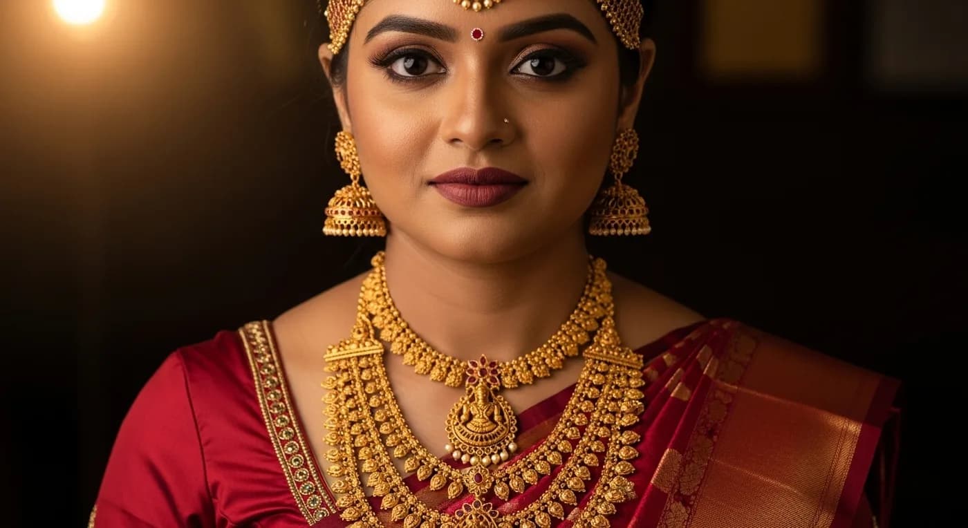 A South Indian bride wearing a full traditional temple jewellery set with layered gold necklaces, jhumkas, and maang tikka