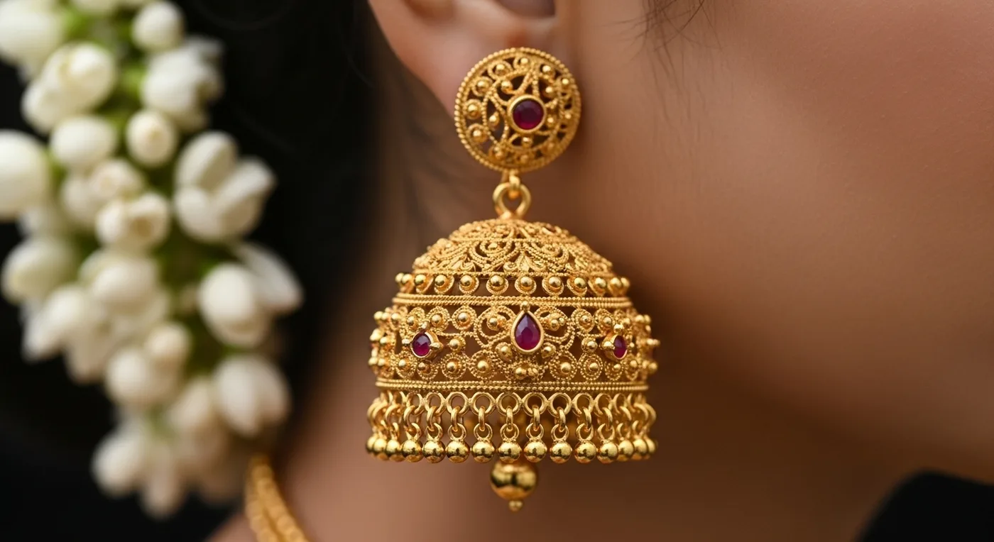 Close-up of ornate gold Jimikki Kammal earrings with dangling bell-shaped pendants
