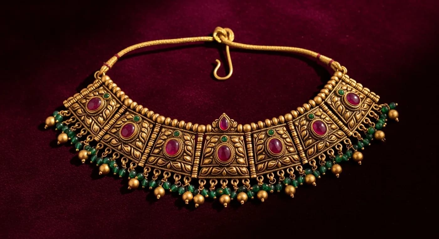 Antique gold choker necklace with embedded ruby stones on a velvet display
