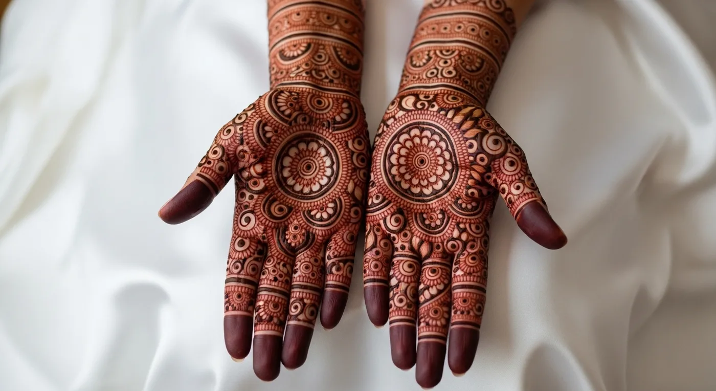 Bride displaying full-hand traditional Rajasthani bridal mehndi with intricate paisley and peacock motifs